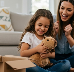 Une femme avec son enfant qui vient de déménager et qui sont contentes